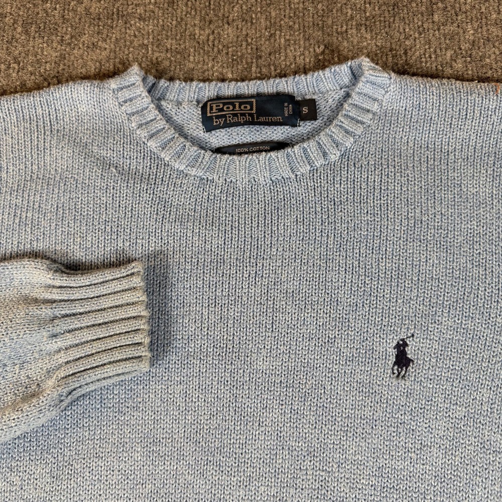 Polo Ralph Lauren Men Light Blue Cotton Shaker Knit Crewneck Sweater Small #3813